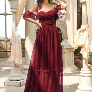 Off-Shoulder Sweetheart Double Layer Pleated Evening Dress